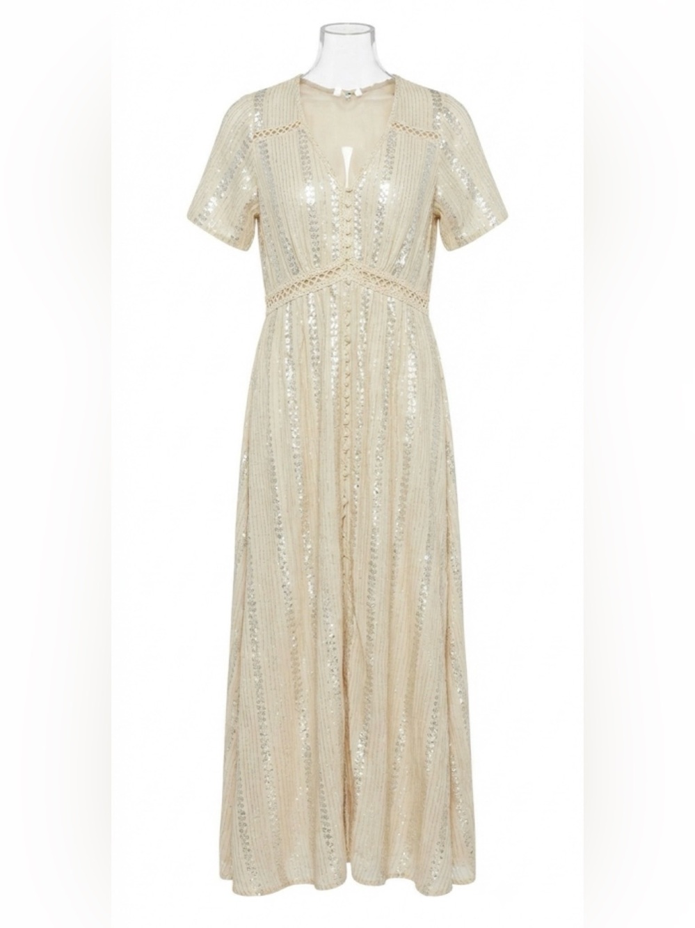 Label Ritu Kumar Cream Sequin Boho Maxi Dress Empire Waist Size MEDIUM